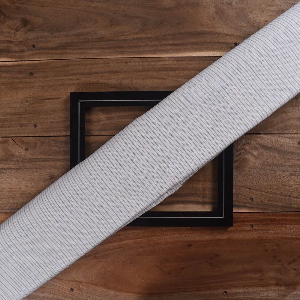 Pinstripe Cream & Blue Khadi Cotton 115 GSM Handwoven Fabric