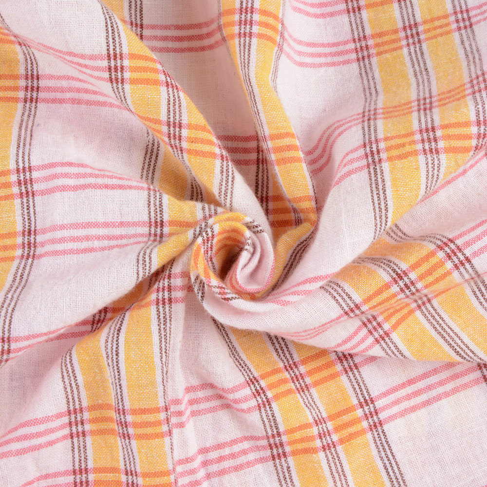 Check White Yellow & Red Pure Cotton 97 GSM Handwoven Fabric