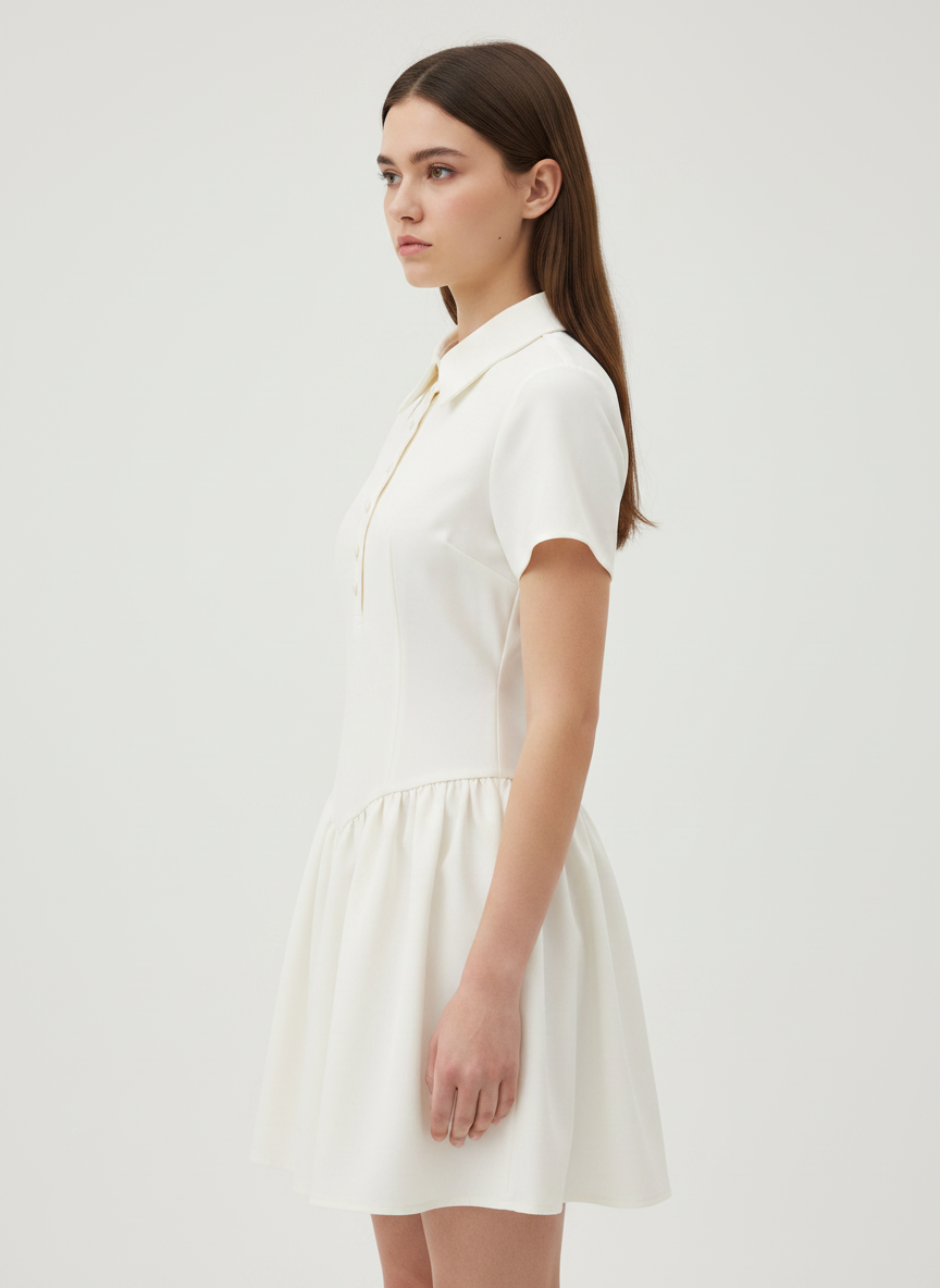 Dropped Waist Polo neck Dress With Gathers