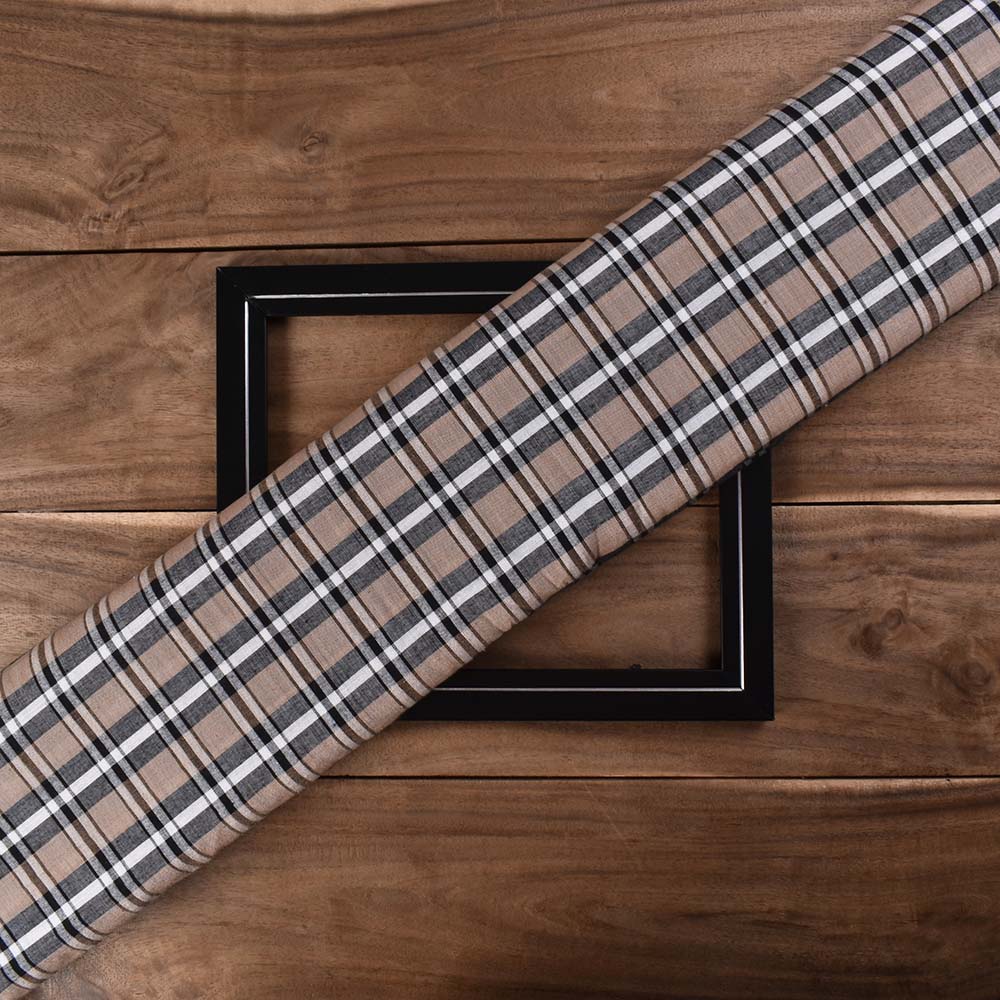 Check White Brown And Black Khadi Cotton 100 GSM Handwoven Fabric