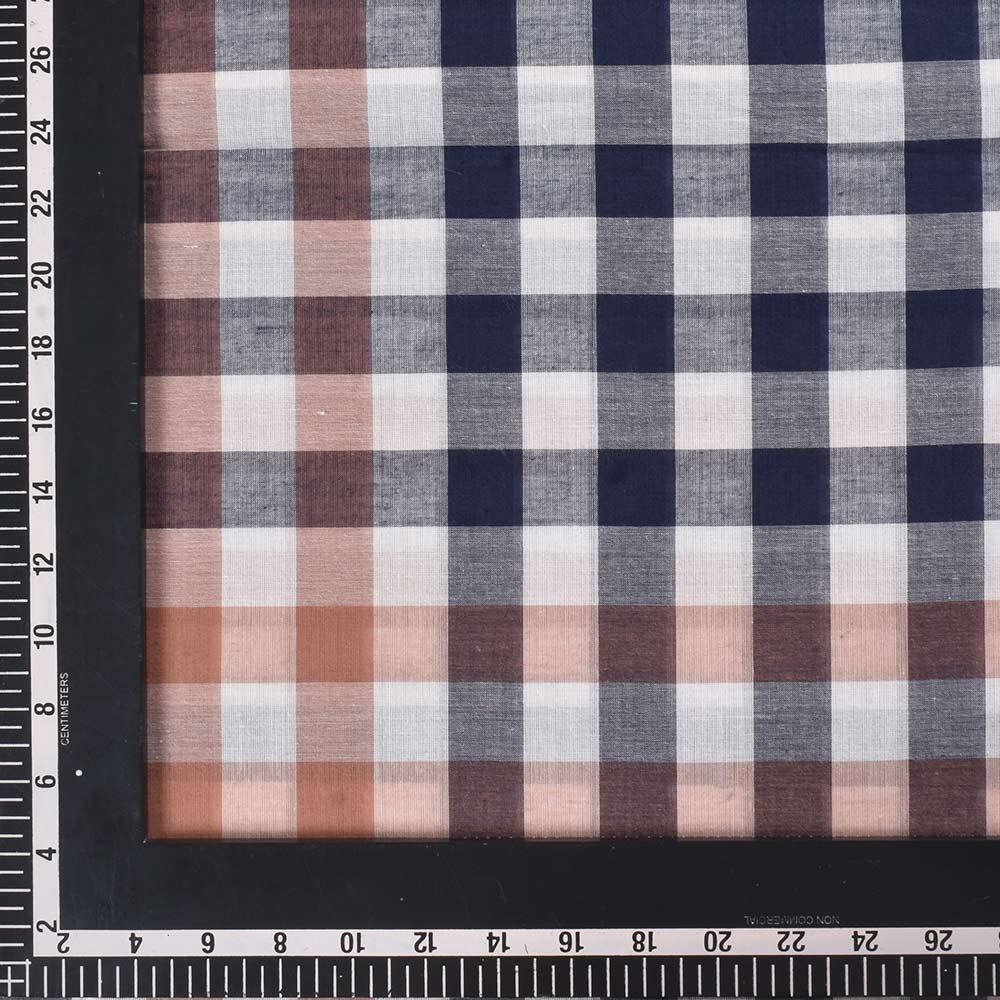 CHECK BROWN BLUE & WHITE PURE COTTON 95 GSM HANDWOVEN FABRIC