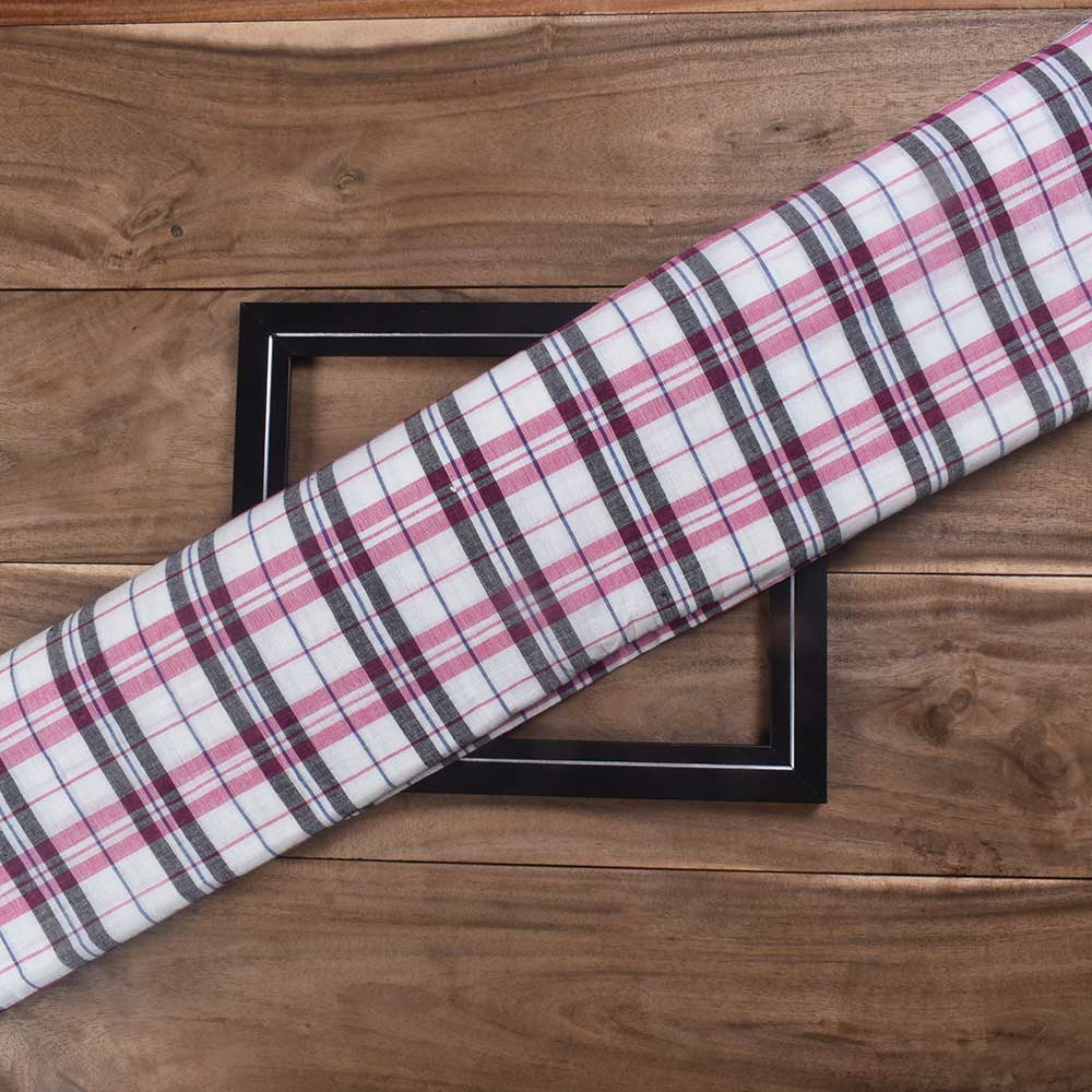 Check White Pink & Black Pure Cotton 98 GSM Handwoven Fabric