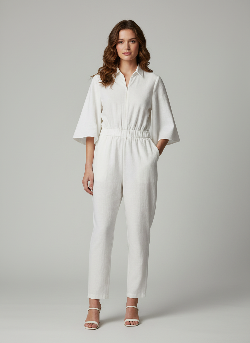Jumpsuit With Spread Collared And Front Zipper
