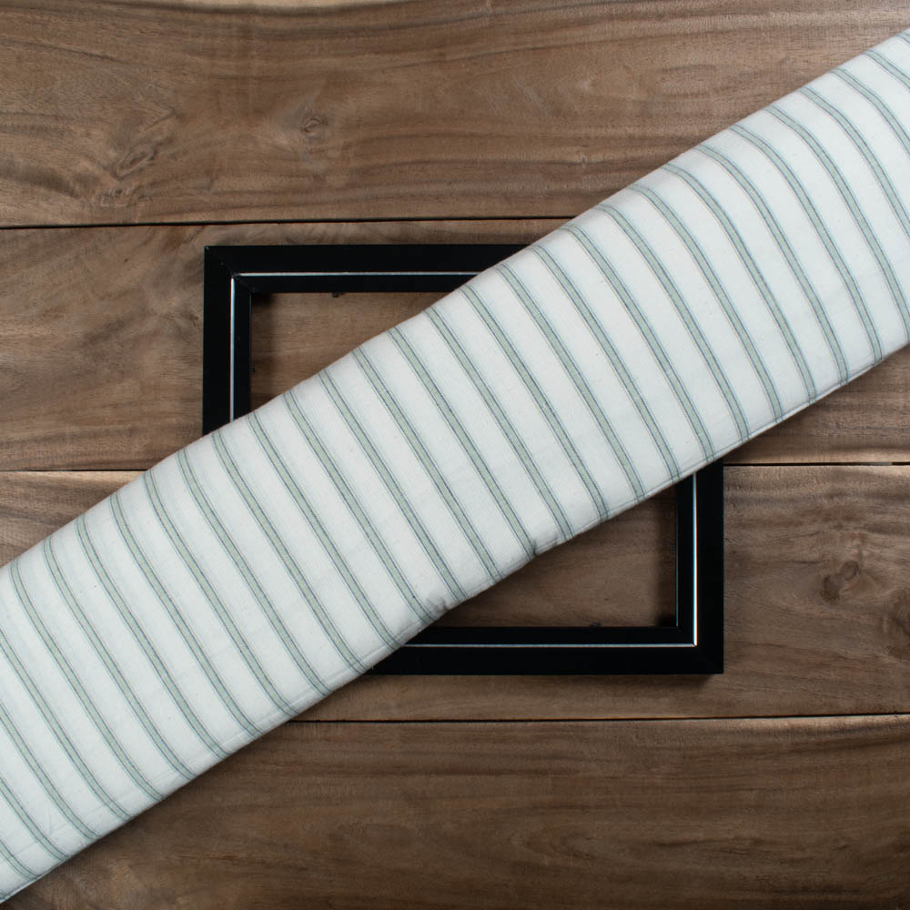 Off White Base Blue Green Stripe Cotton Khadi 105 GSM Handwoven Fabric