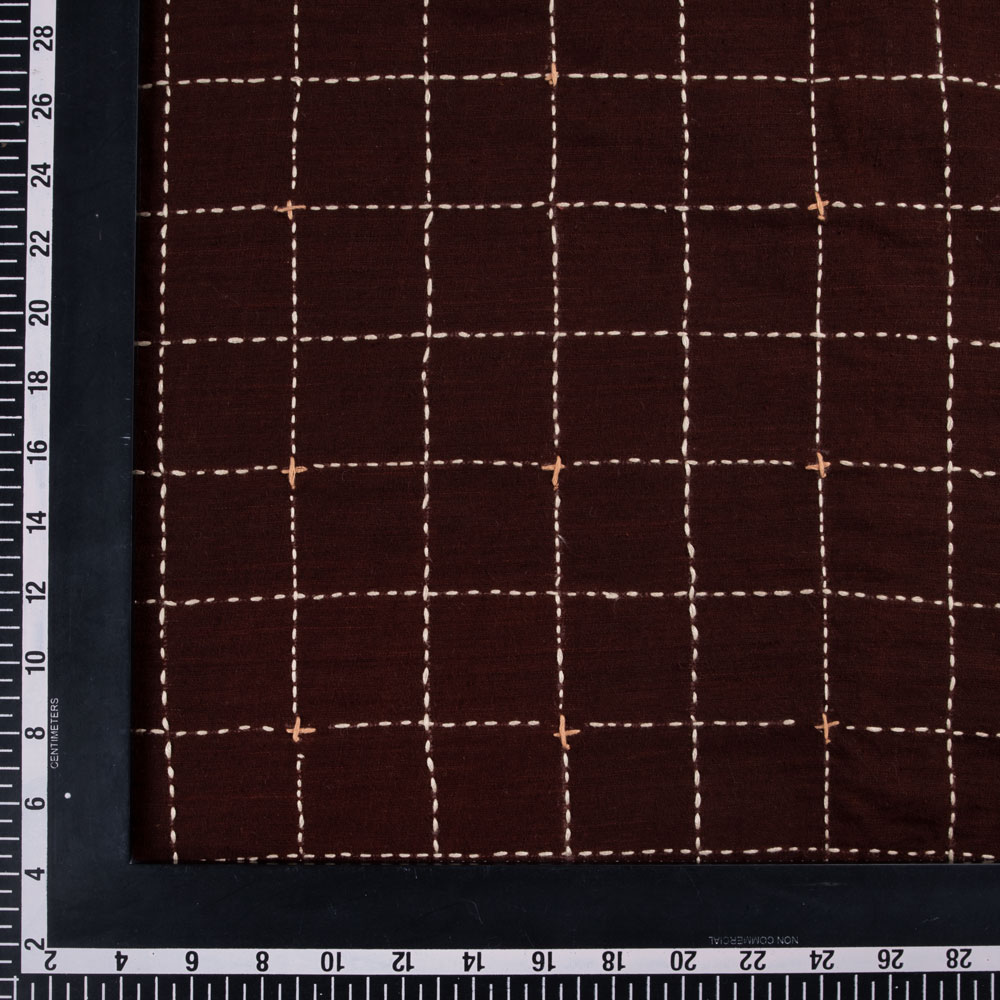CHECK BROWN KANTHA EMBROIDERED KHADI COTTON 110 GSM HANDWOVEN FABRIC