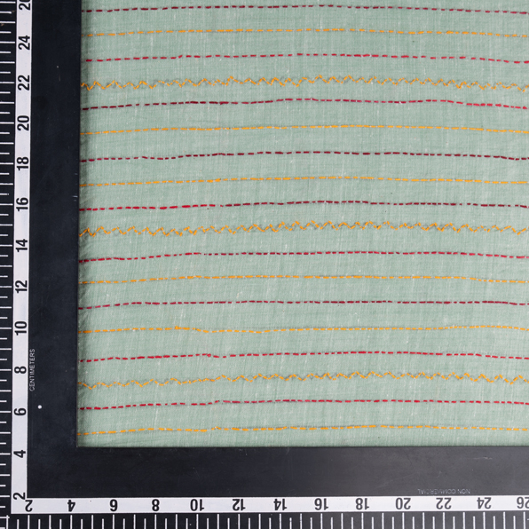 STRIPE MINT GREEN KANTHA EMBROIDERED KHADI COTTON 115 GSM HANDWOVEN FABRIC