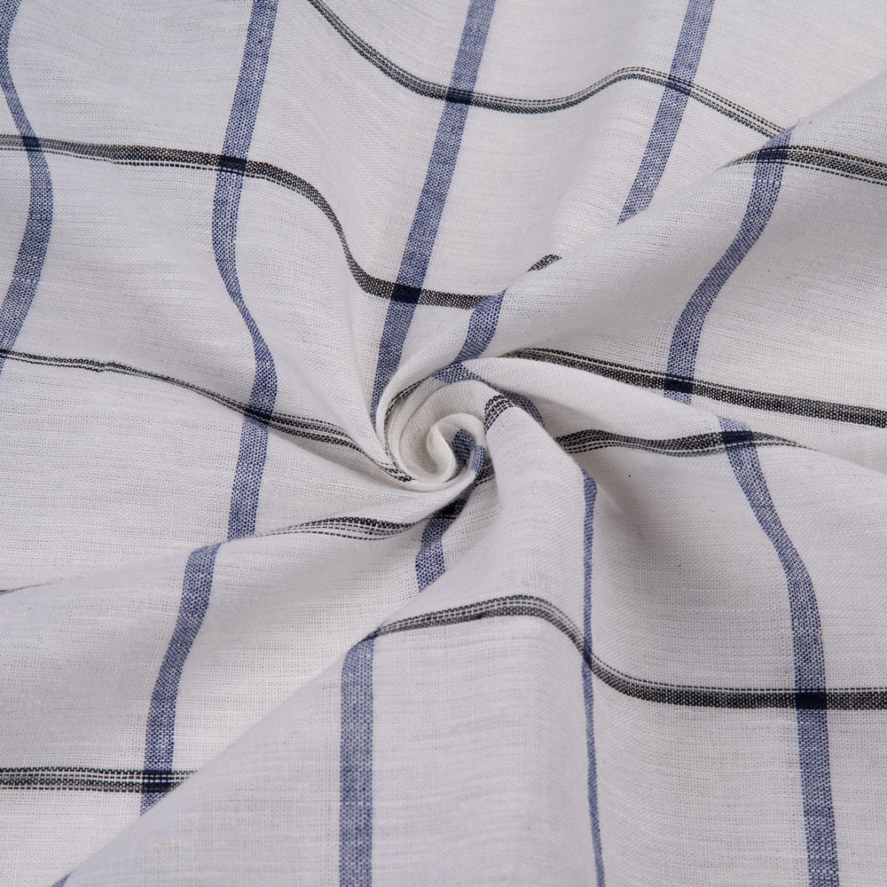 Check White Blue & Black Linen Cotton 121 GSM Handwoven Fabric