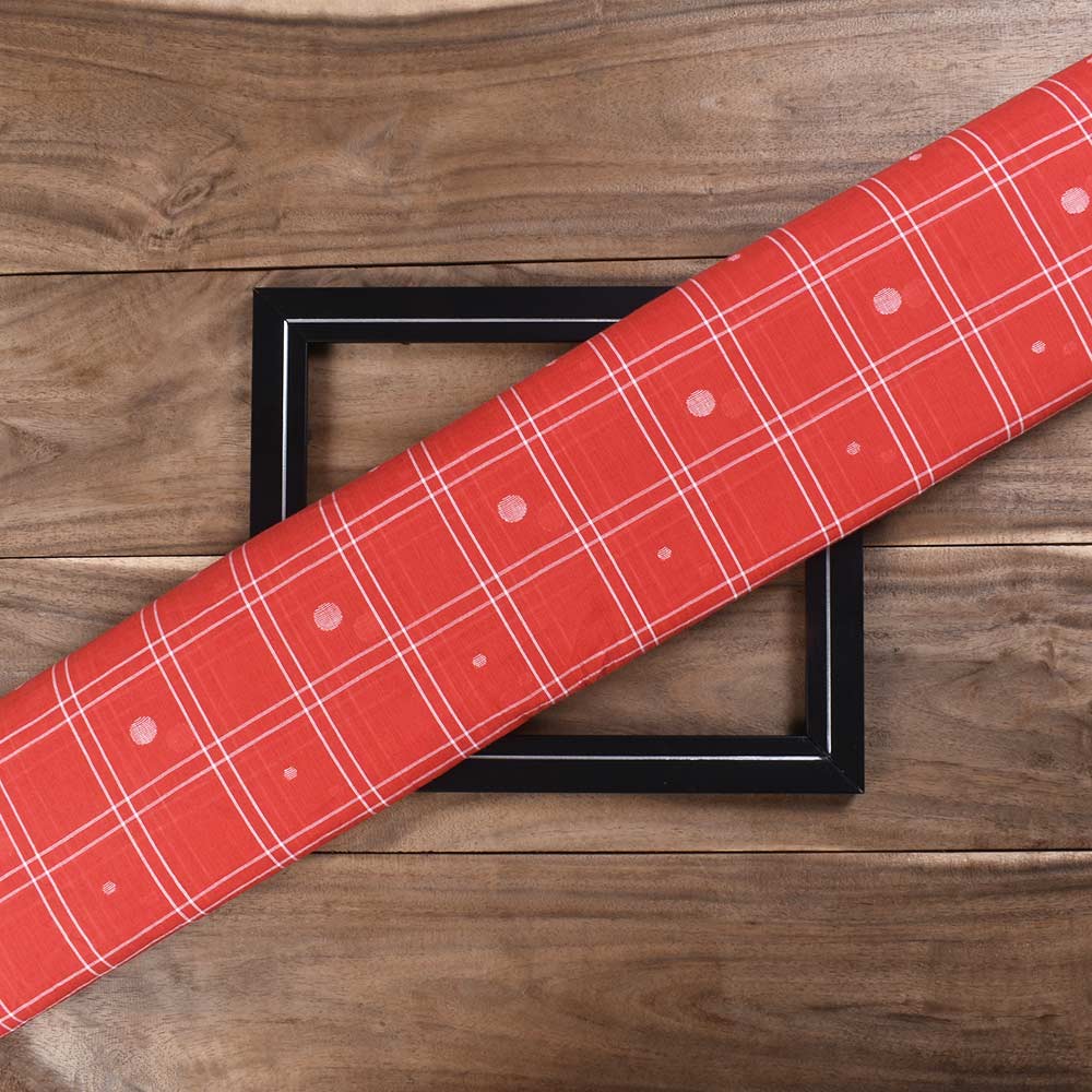 Check Red & White Geometric Jamdani Pure Cotton 58 GSM Handwoven Fabric
