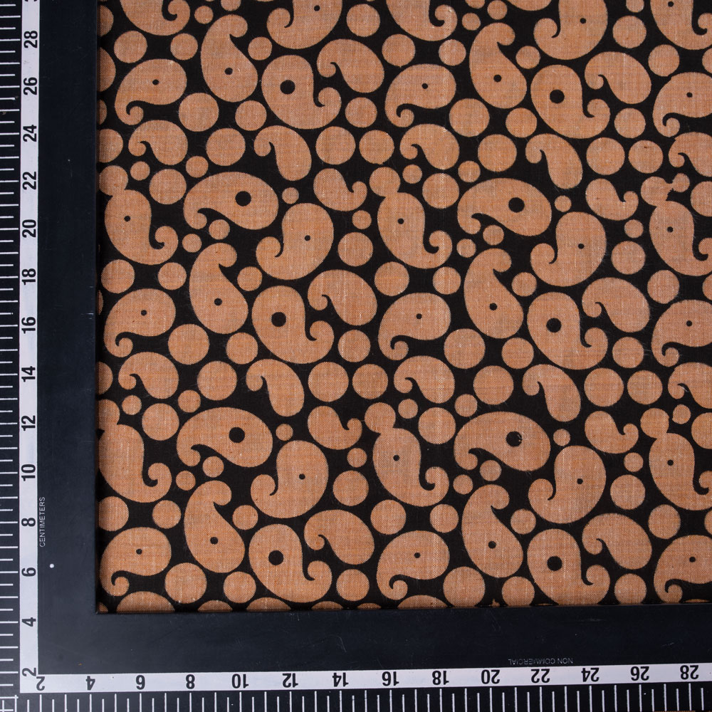 PAISLEY BROWN & BLACK SCREENPRINTED COTTON KHADI 80 GSM HANDWOVEN FABRIC