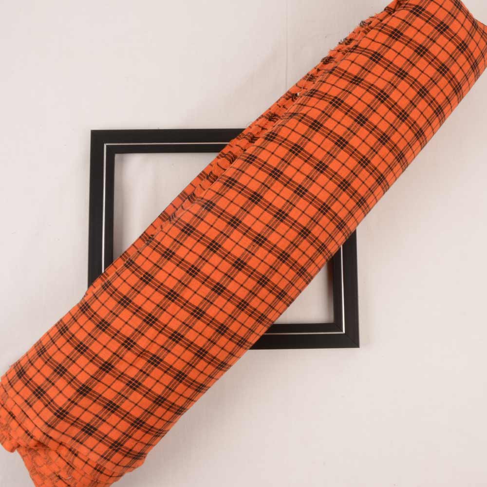Check Orange & Black Pure Cotton 98 GSM Handwoven Fabric
