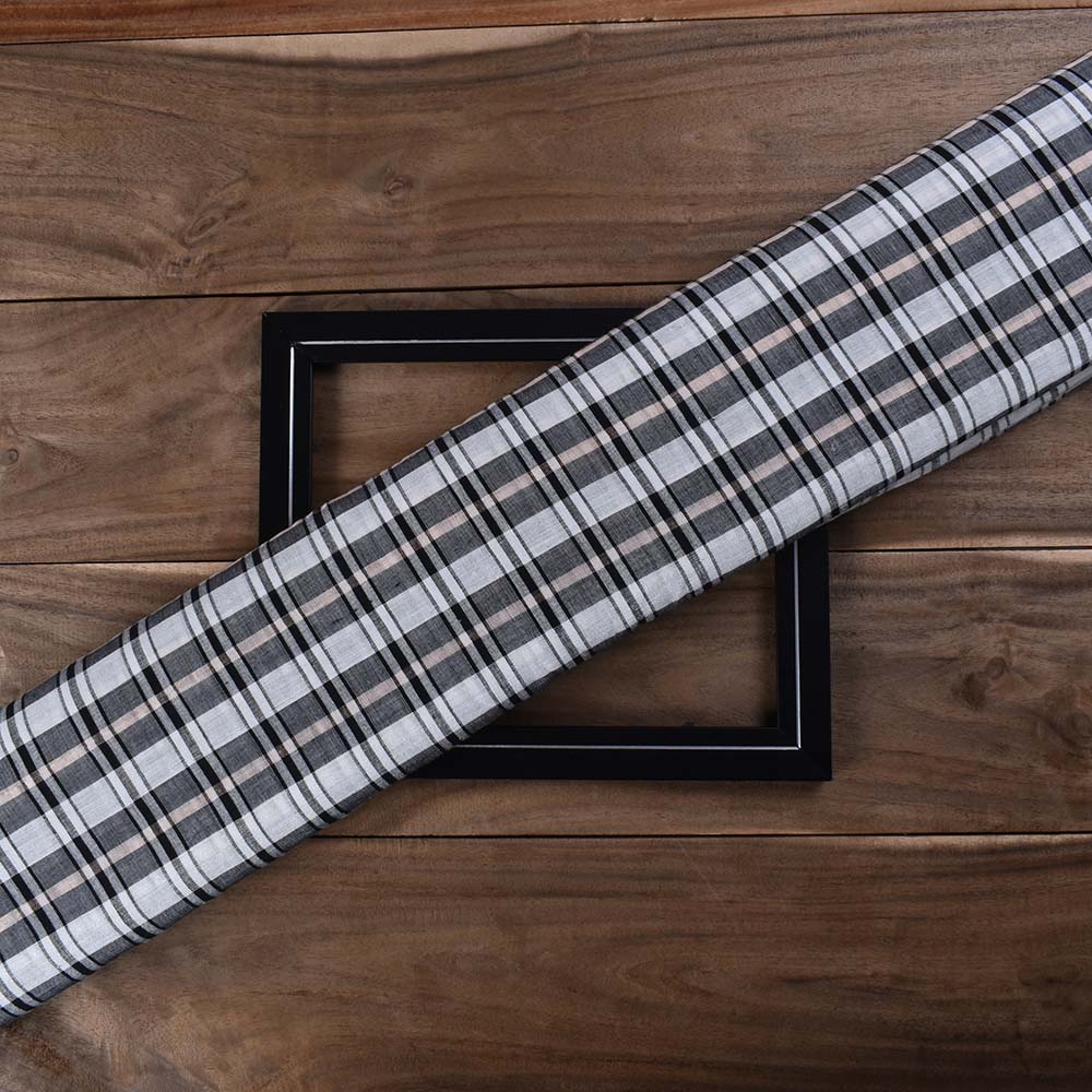 Check Black White Cotton Khadi And Linen Blend 90 GSM Handwoven Fabric
