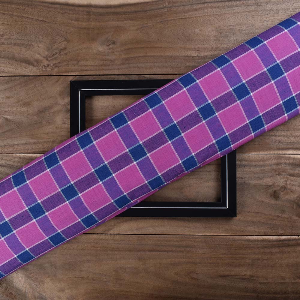 Check White Blue And Pink Pure Cotton 102 GSM Handwoven Fabric