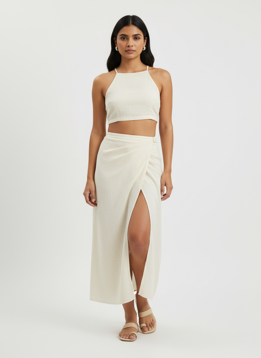 Tie Up Top & Skirt With Slit Co-ord Set
