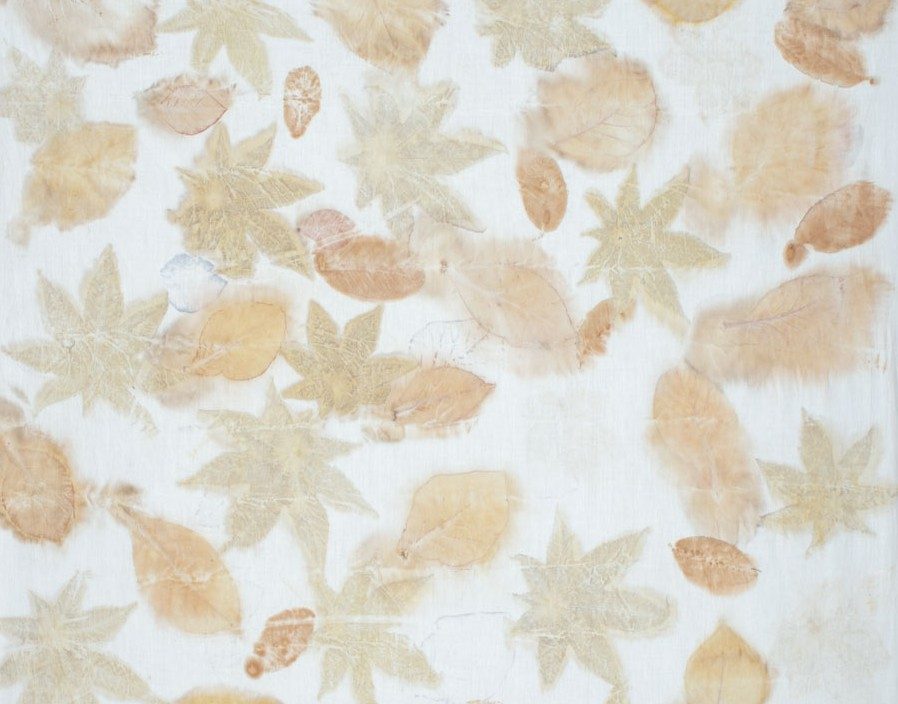 Eco-printed white cotton fabric featuring botanical impressions created using various natural leaves, showcasing soft earthy tones, delicate leaf silhouettes, and layered organic patterns through the eco-printing process.