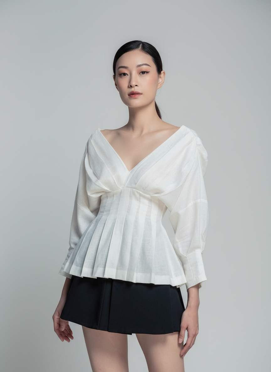 Deep V Neck Top With Pleats