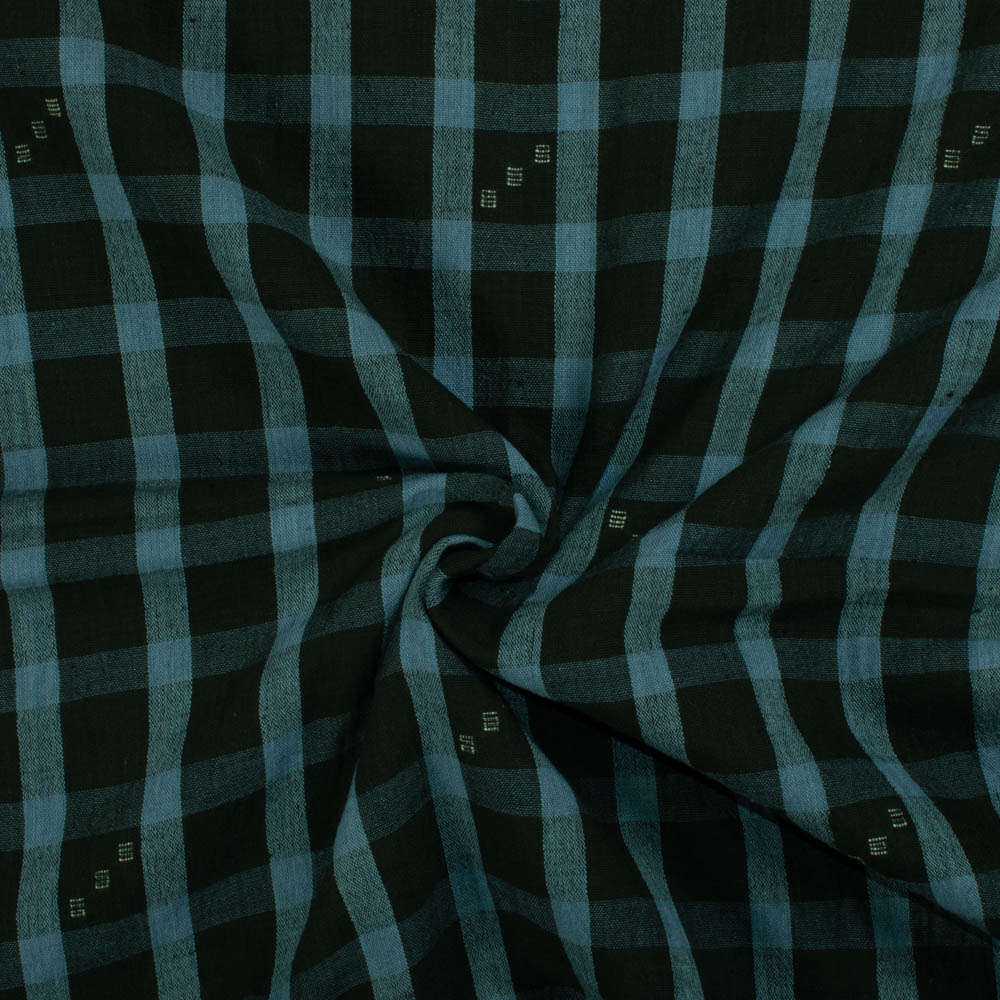 Check Green Black Jamdani Pure Cotton 100 GSM Handwoven Fabric