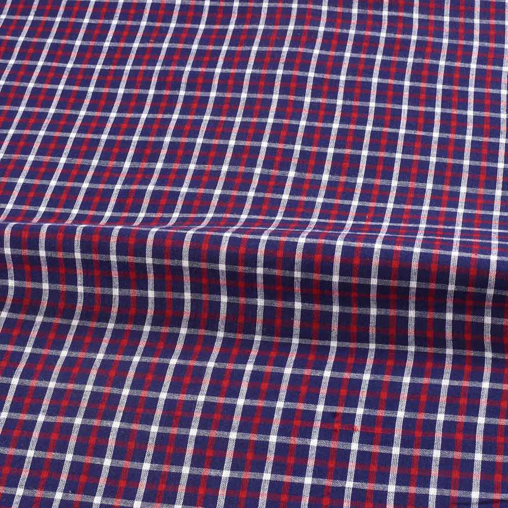 CHECK BLUE RED & WHITE PURE COTTON 74 GSM HANDWOVEN FABRIC