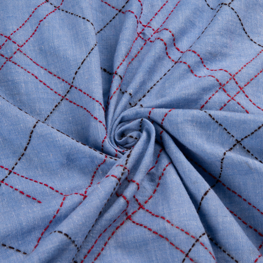 Check Blue Kantha Embroidered Khadi Cotton 115 GSM Handwoven Fabric