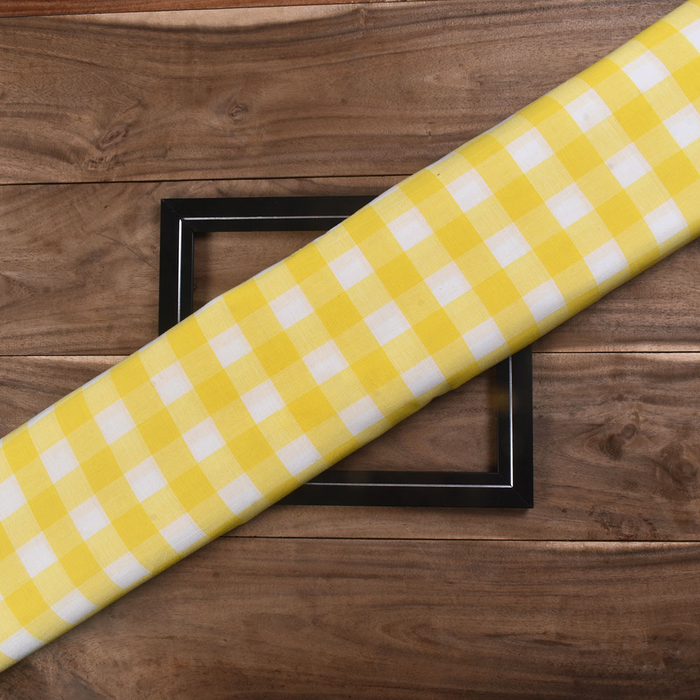 Check Yellow & White Pure Cotton 98 GSM Handwoven Fabric