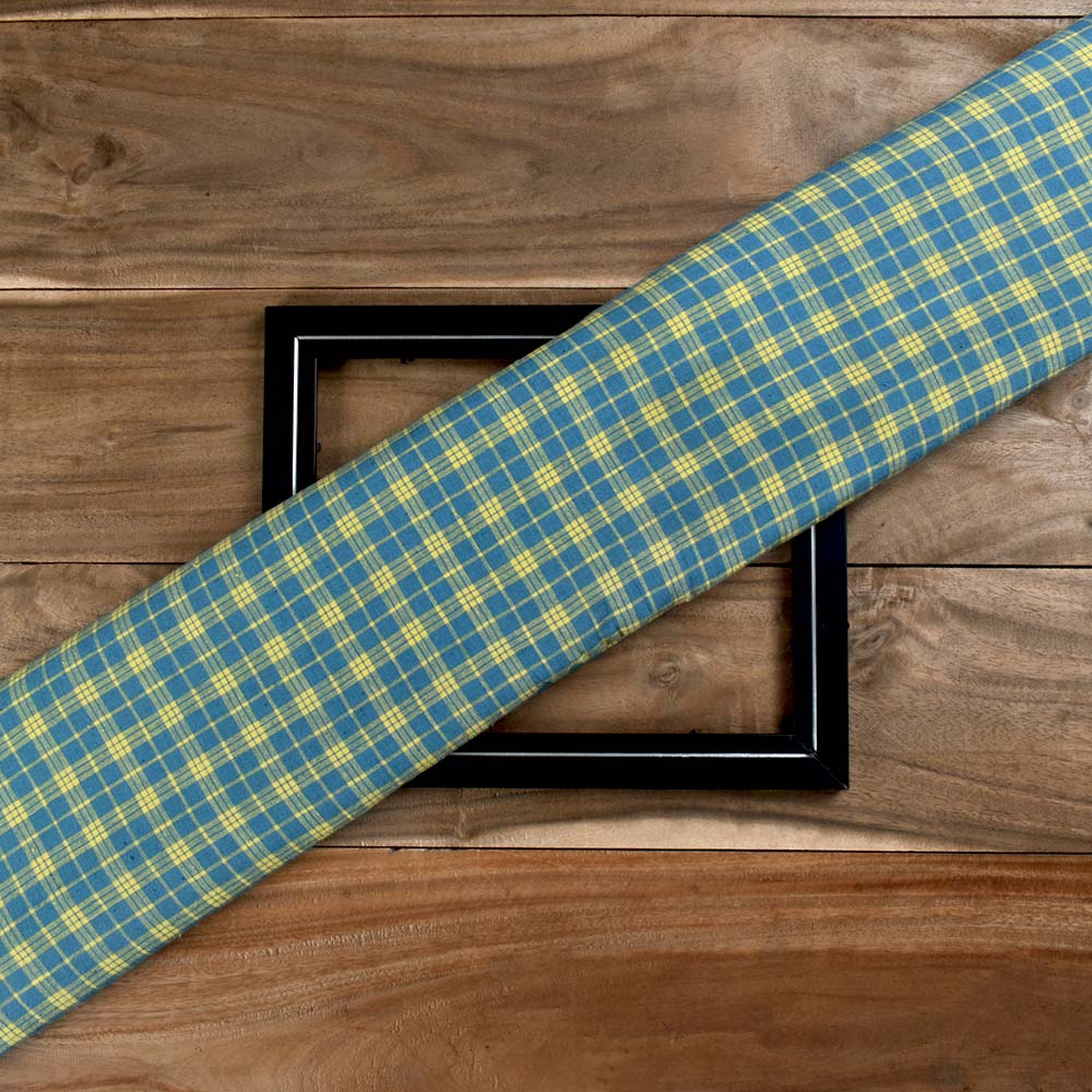 Check Yellow & Teal Pure Cotton 103 GSM Handwoven Fabric