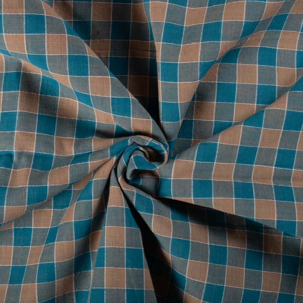 Brown & Turquise Check 70 GSM Pure Cotton Handwoven Fabric