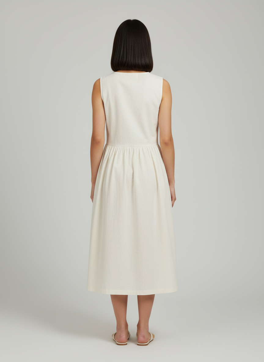Midi Pleated Dress With Baggy Pockets with Bow Embroidery