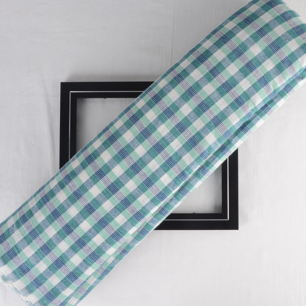 Check Teal & Green Pure Khadi Fabric - 108 GSM Handspun & Handwoven