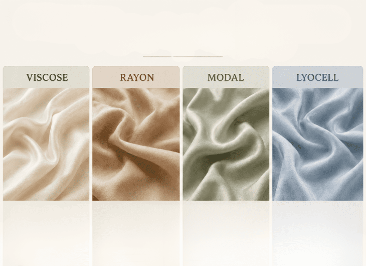 Comparison of viscose, rayon, modal, and lyocell fabrics shown as four soft fabric swatches