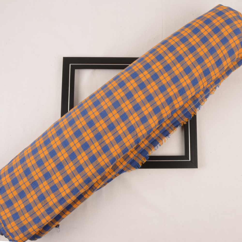 Check Orange & Blue Pure Cotton 97 GSM Handwoven Fabric