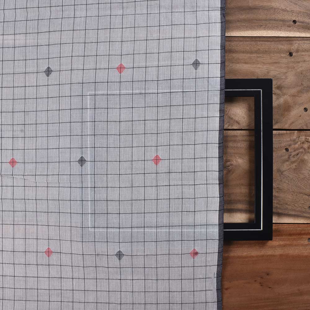 GEOMETRIC CHECK WHITE & BLACK JAMDANI PURE COTTON 52 GSM HANDWOVEN FABRIC