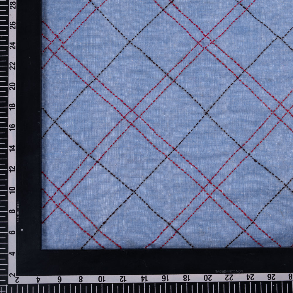 CHECK BLUE KANTHA EMBROIDERED KHADI COTTON 115 GSM HANDWOVEN FABRIC