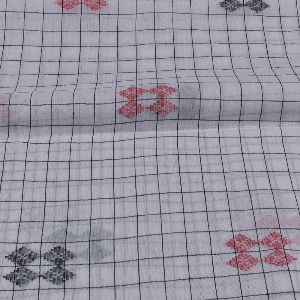 GEOMETRIC CHECK WHITE & BLACK JAMDANI PURE COTTON 56 GSM HANDWOVEN FABRIC