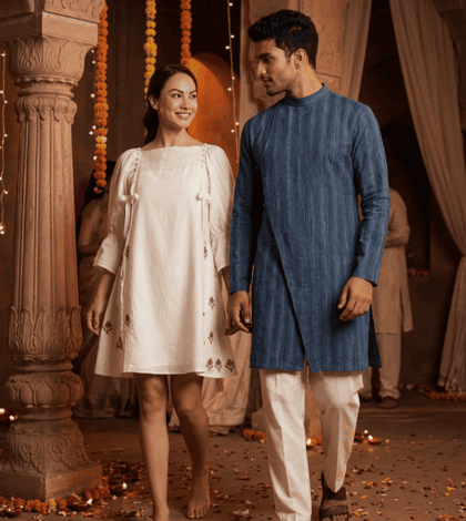 Wearing Embroidered Pintuck Dress With Tassels for women &nbsp;with the Men's Angrakha Kurta With Side Tie