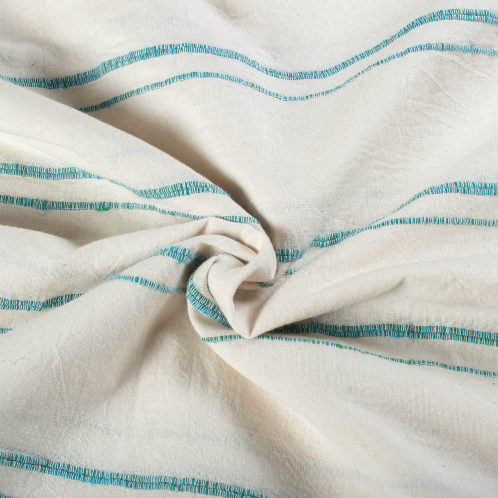 Extra Weft White & Greenish Sky Blue Stripe 135 GSM Pure Cotton Handwoven Fabric