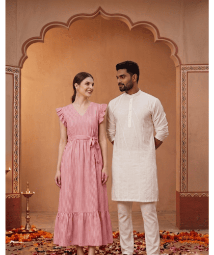 Wearing Waist Tied Ruffled & Gathered Dress for women and Pintucked Pattern Men's Kurta