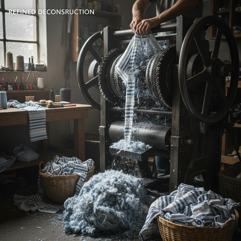 Cotton fabric scraps being shredded into loose fibres for mechanical recycling