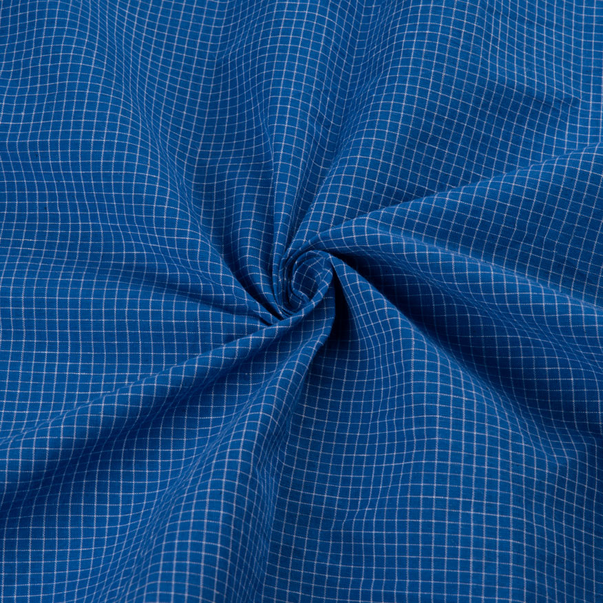 Check Cobalt Blue Pure Cotton 64 GSM Handwoven Fabric