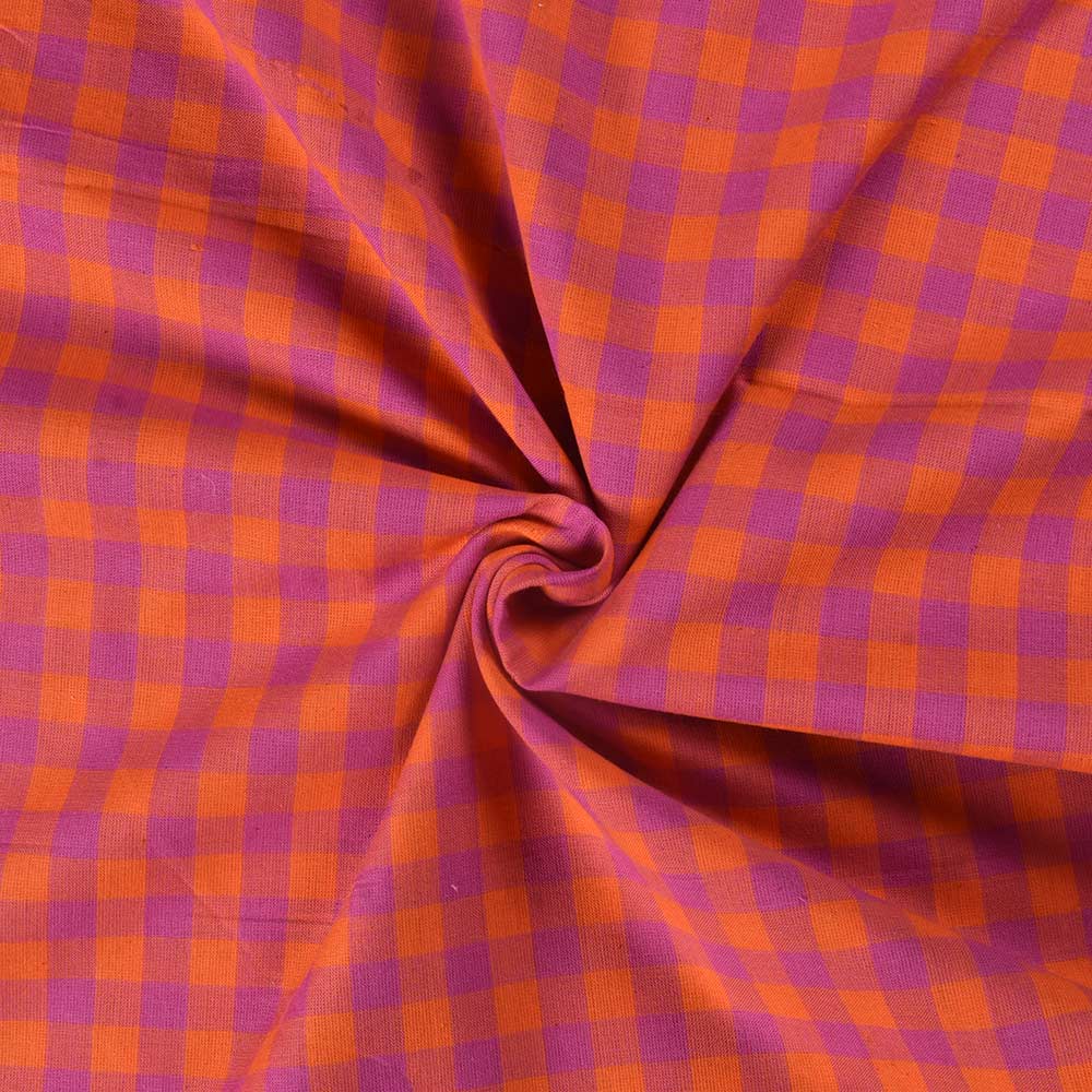 Check Pink & Orange Pure Cotton 100 GSM Handwoven Fabric