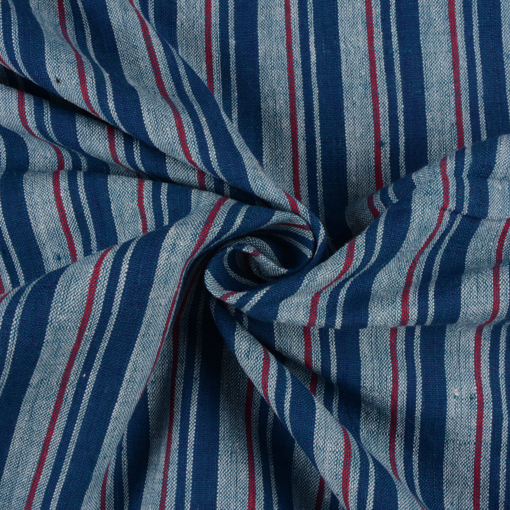 Stripe Blue & Red Khadi Fabric - 127 GSM Handspun & Handwoven