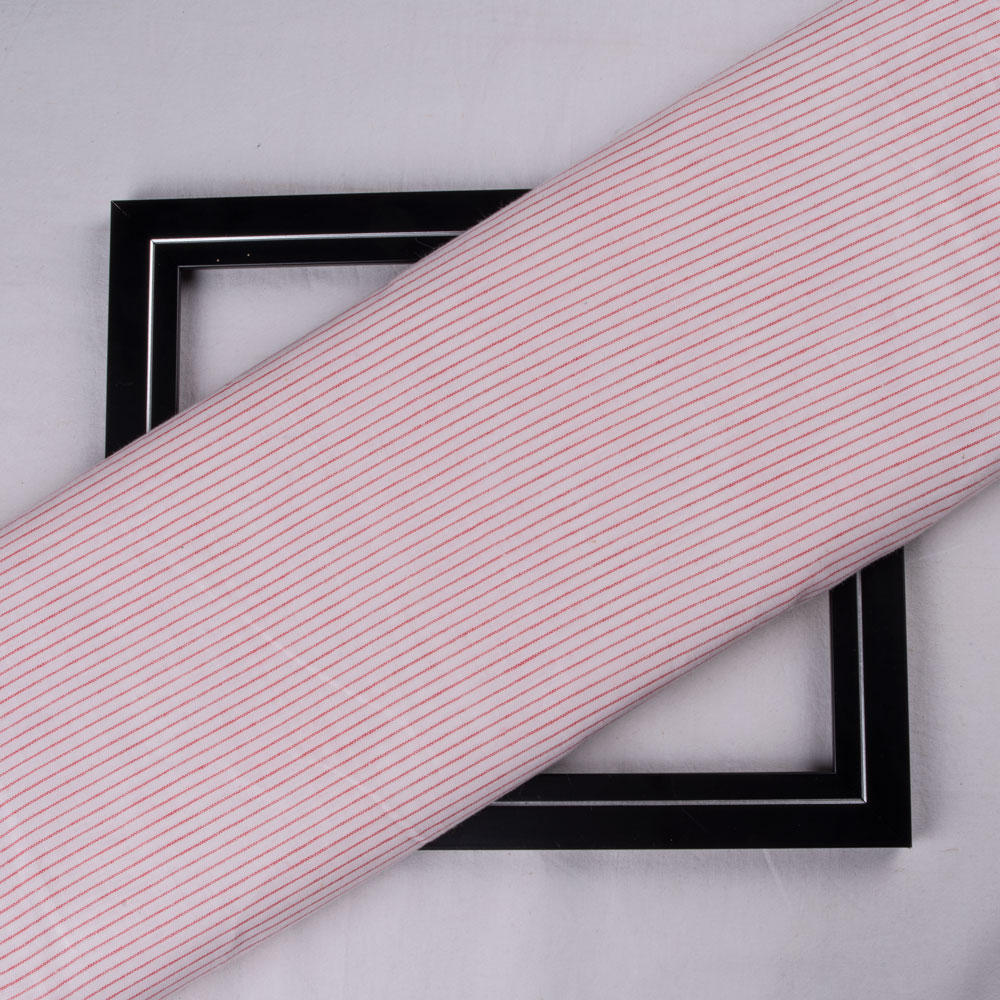 Pinstripe White & Red Pure Cotton 98 GSM Handwoven Fabric