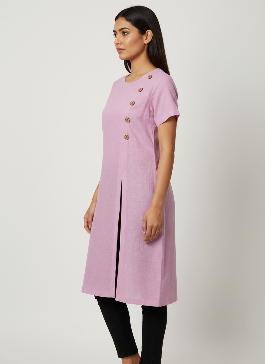 Long Top With Side Slit & Button Embellishment