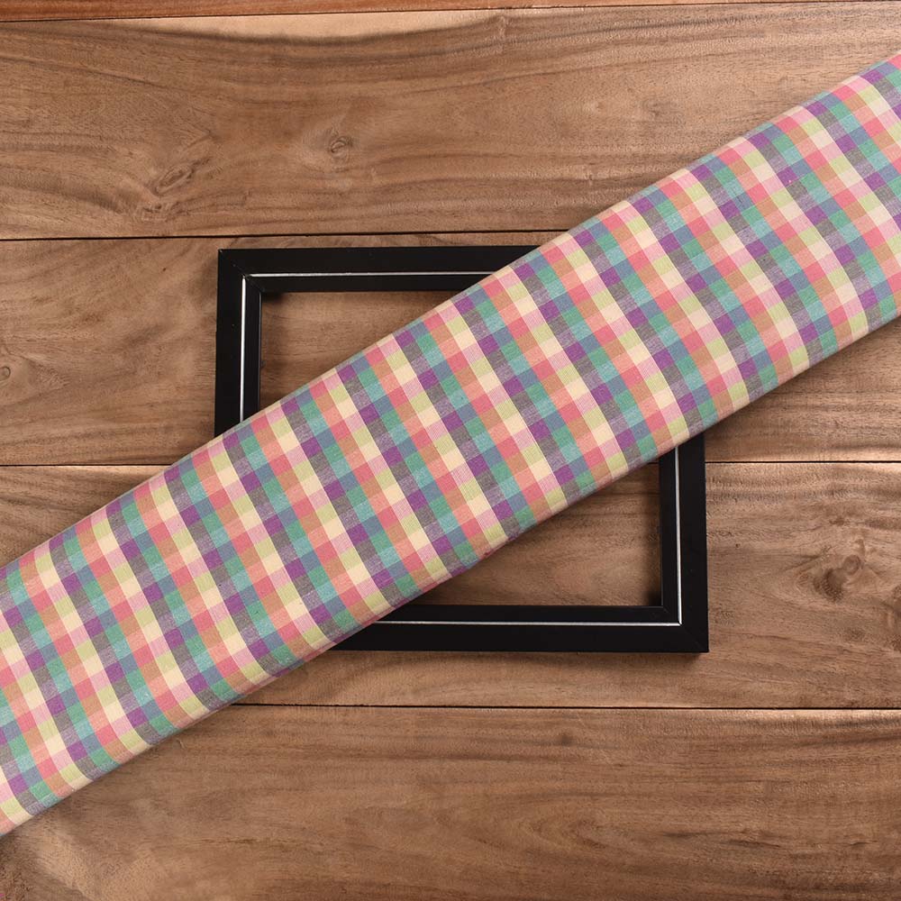 Check Multicolour Pure Cotton 100 GSM Handwoven Fabric 462