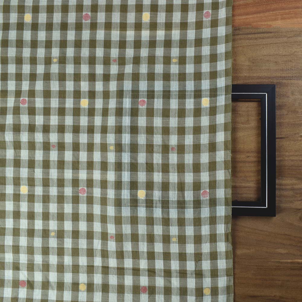 CHECK WHITE OLIVE JAMDANI PURE COTTON 55 GSM HANDWOVEN FABRIC