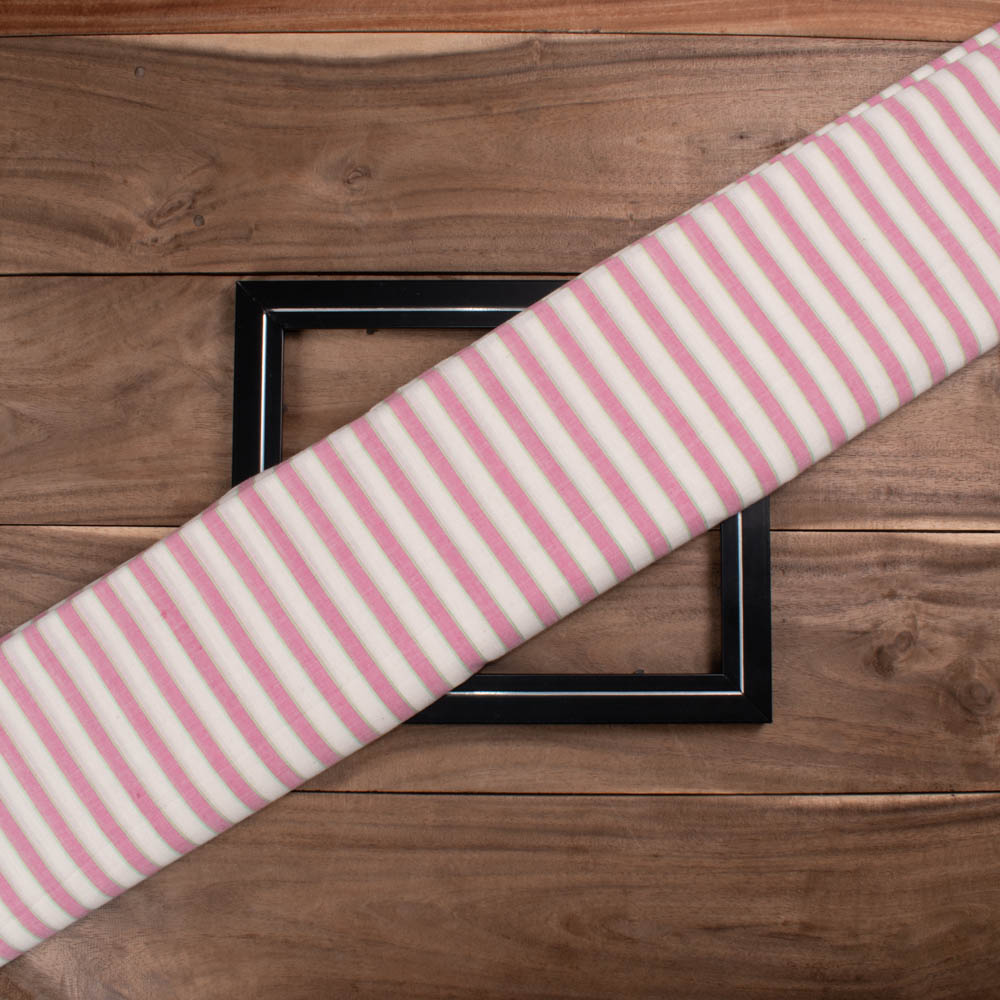 Stripe Pink White and Green Pure Cotton 60 gsm Handwoven Fabric