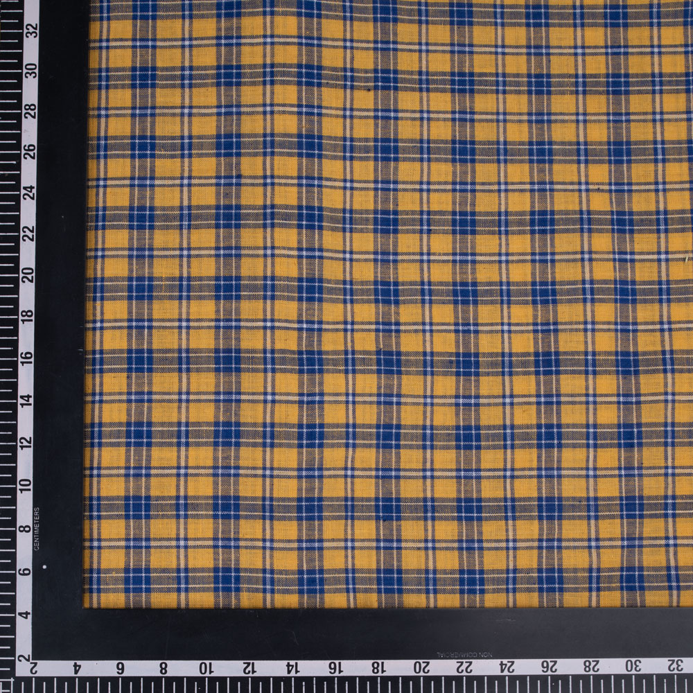 CHECK YELLOW & BLUE PURE COTTON 93 GSM HANDWOVEN FABRIC