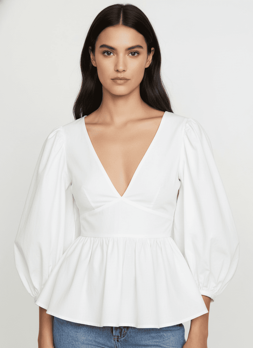 Gathered Sleeve Peplum Deep V Top