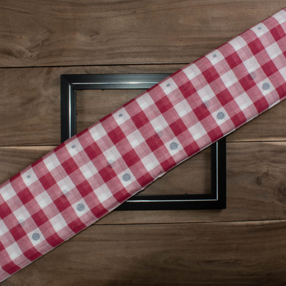 Check White and Red Jamdani Pure Cotton 55 GSM Handwoven Fabric 59