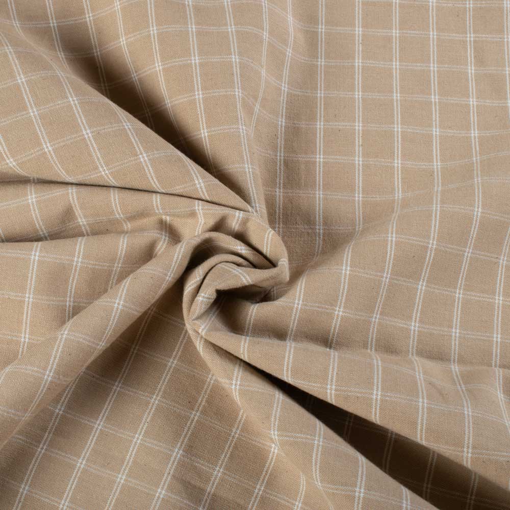 Check Beige & White Pure Cotton 105 GSM Handwoven Fabric