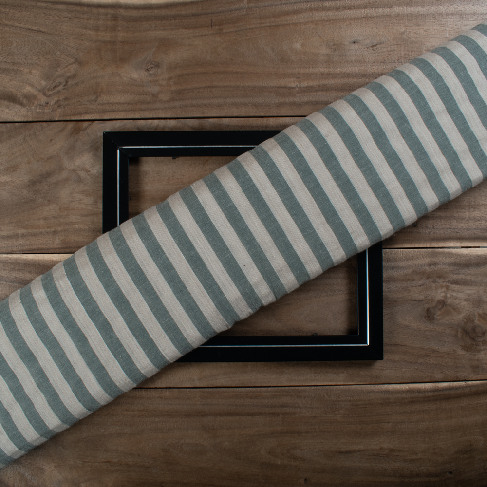 Stripe Green & White Linen Cotton 96 GSM Handwoven Fabric