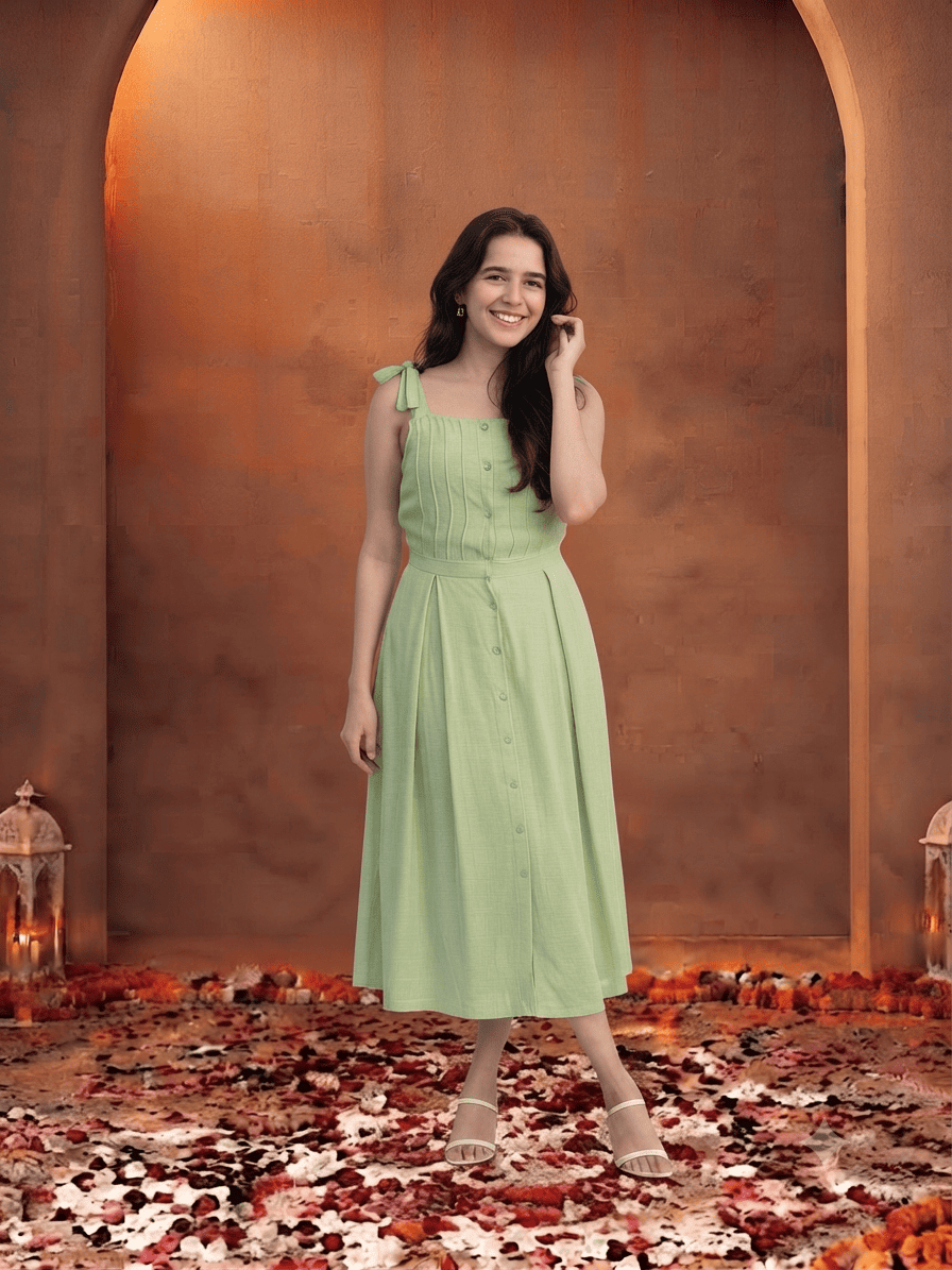 Pintucked & Pleated Midi Dress